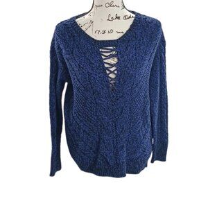 Express Womens Sweater Lace Up Cable Knit Pullover Blue Cozy XS